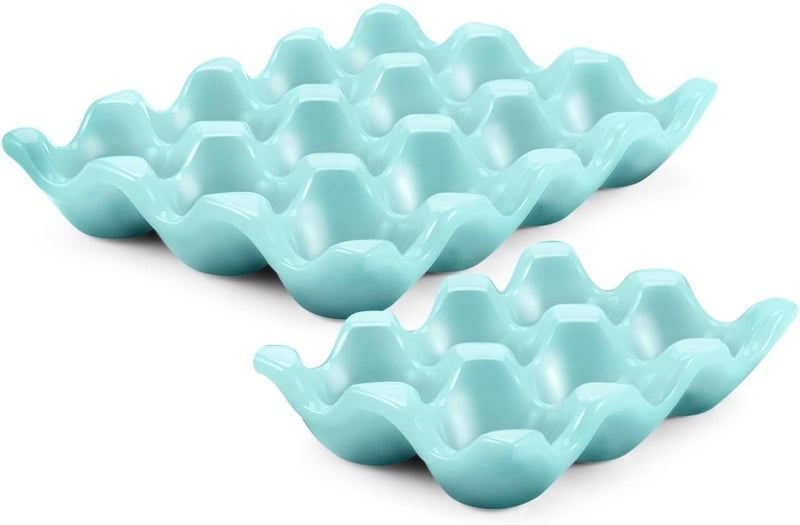 Flexzion 12 + 6 Cups Ceramic Egg Holder for Fridge - 18 Porcelain Egg Tray Container Keeper Storage Organizer Decorative Serving Stand Serveware for Refrigerator Countertop Display Kitchen (Blue) - Image 1